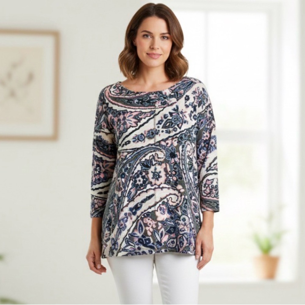 T by Talbots Paisley Tunic Top M Blue, Pink & Olive Boho Boatneck Knit Casual